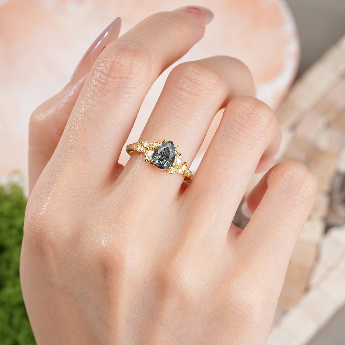Pear Cut Black Rutilated Quartz Botanical Leaf Vine Pavé Engagement Ring