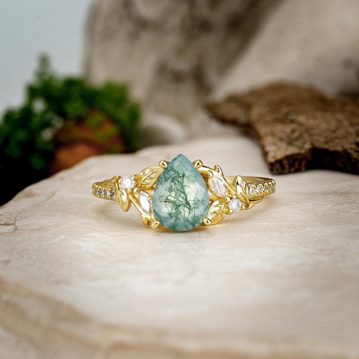 Pear Cut Moss Agate Botanical Leaf Vine Pavé Engagement Ring