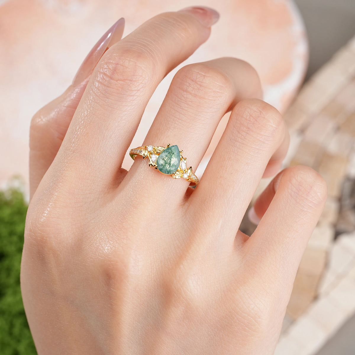 Pear Cut Moss Agate Botanical Leaf Vine Pavé Engagement Ring