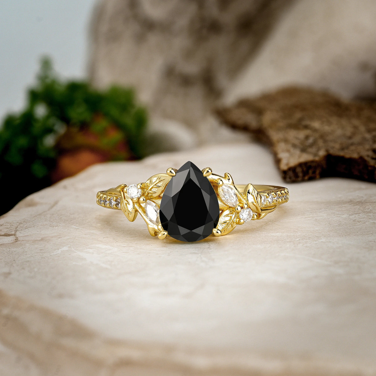 Pear Cut Black Onyx Botanical Leaf Vine Pavé Engagement Ring
