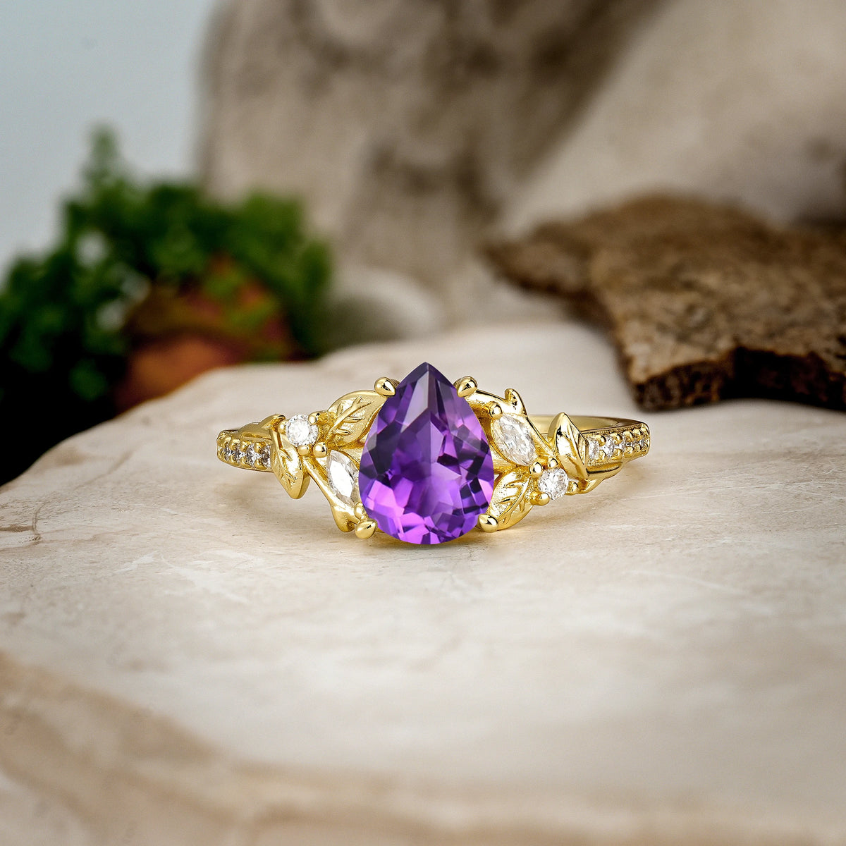 Pear Cut Amethyst Botanical Leaf Vine Pavé Engagement Ring