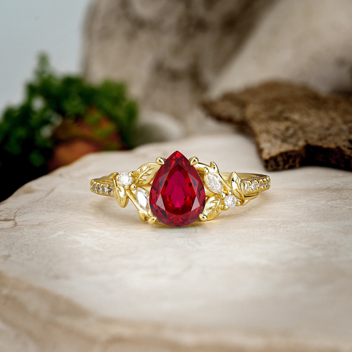 Pear Cut Ruby Botanical Leaf Vine Pavé Engagement Ring