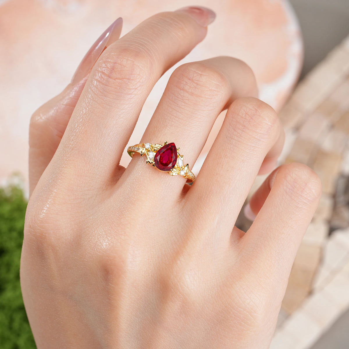 Pear Cut Ruby Botanical Leaf Vine Pavé Engagement Ring