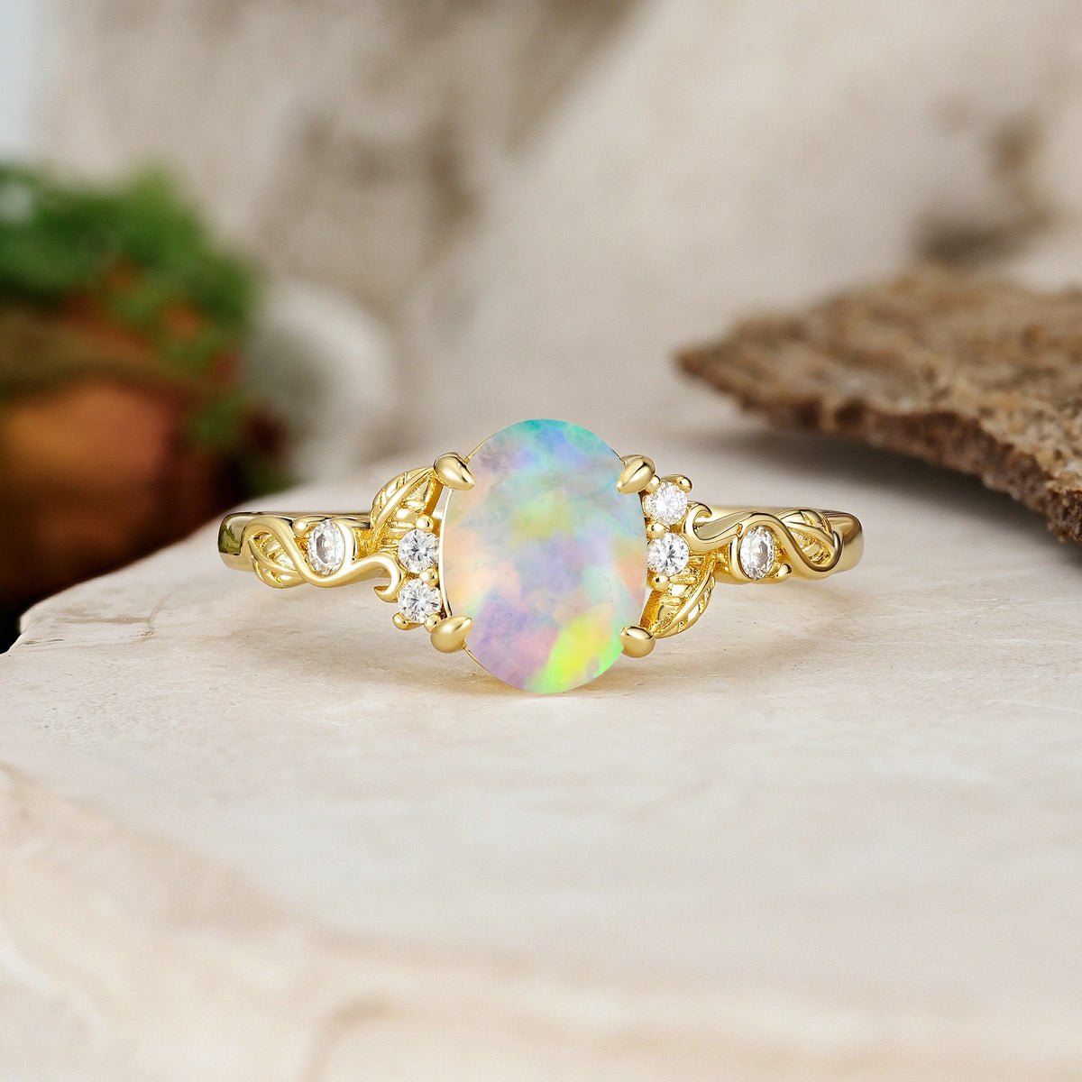 Oval Cut Fire Opal Art Nouveau Scroll Engagement Ring