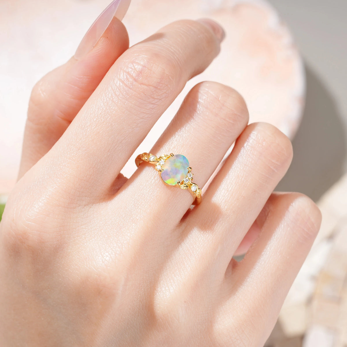Oval Cut Fire Opal Art Nouveau Scroll Engagement Ring