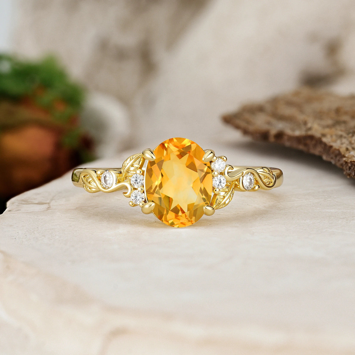 Oval Cut Citrine Art Nouveau Scroll Engagement Ring