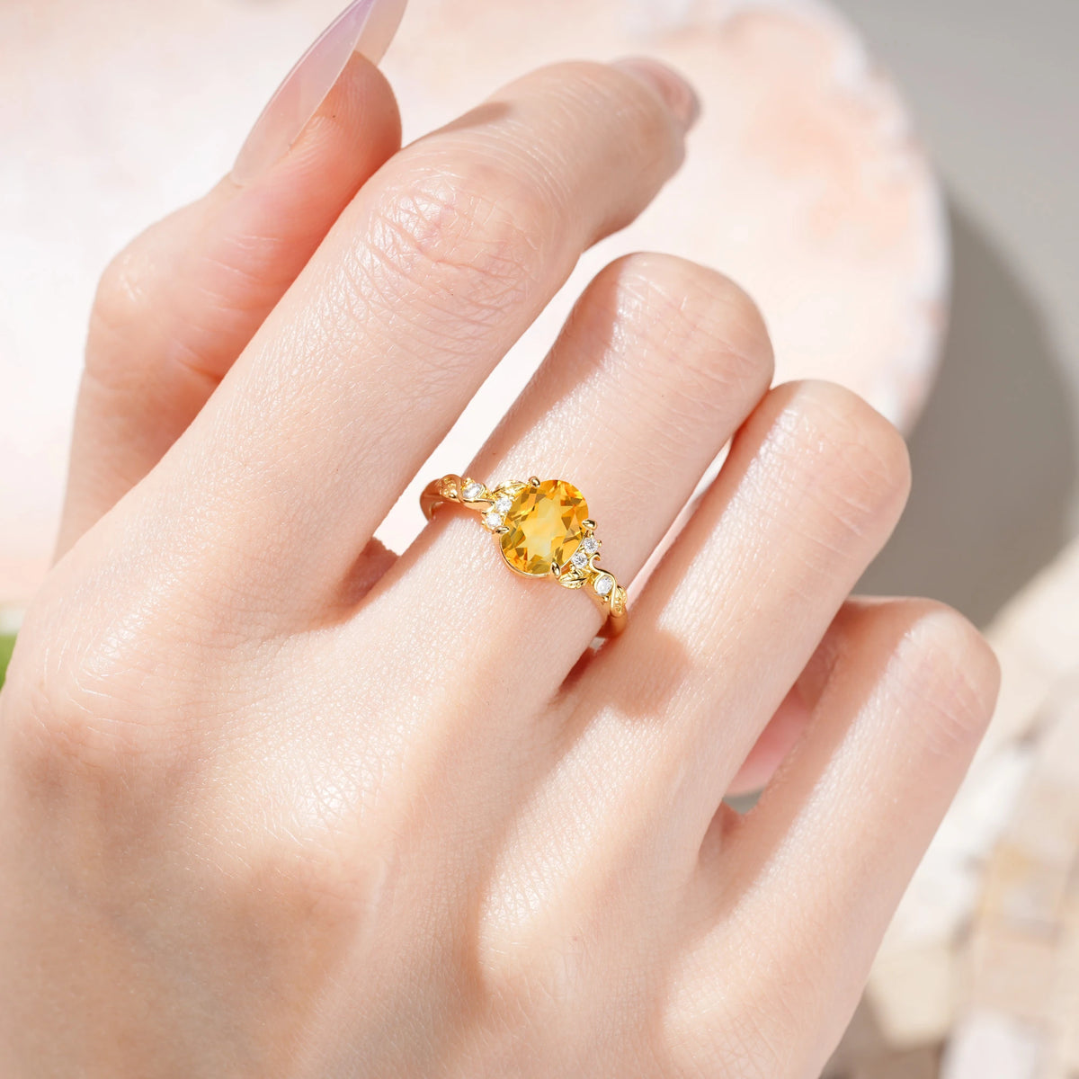 Oval Cut Citrine Art Nouveau Scroll Engagement Ring