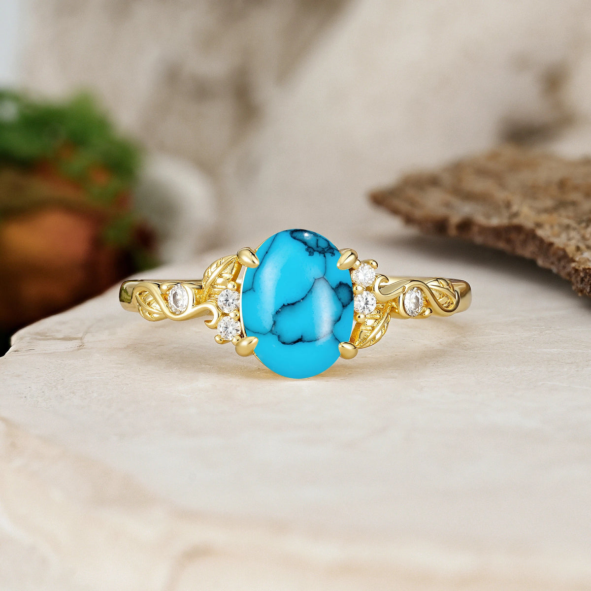 Oval Cut Turquoise Art Nouveau Scroll Engagement Ring
