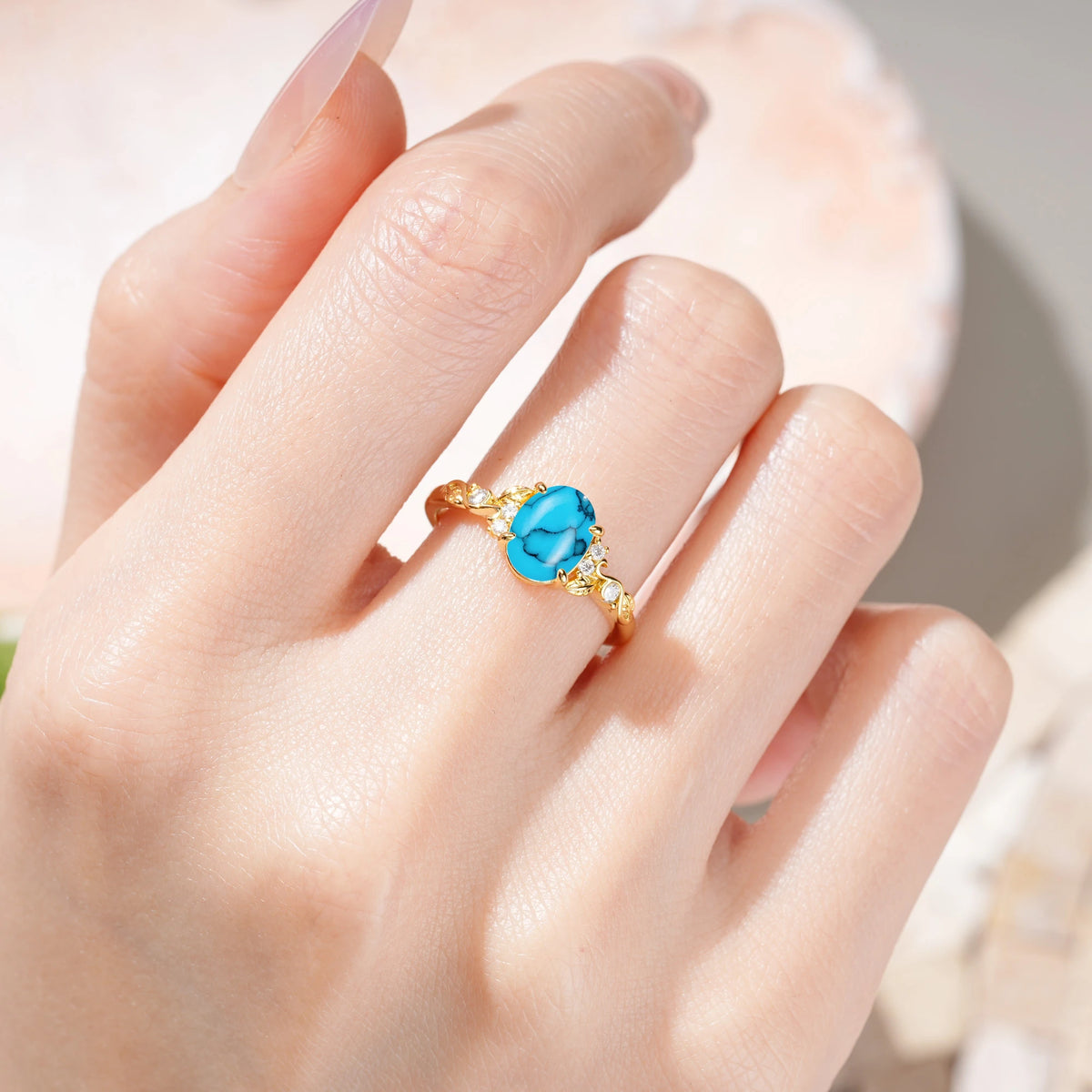 Oval Cut Turquoise Art Nouveau Scroll Engagement Ring