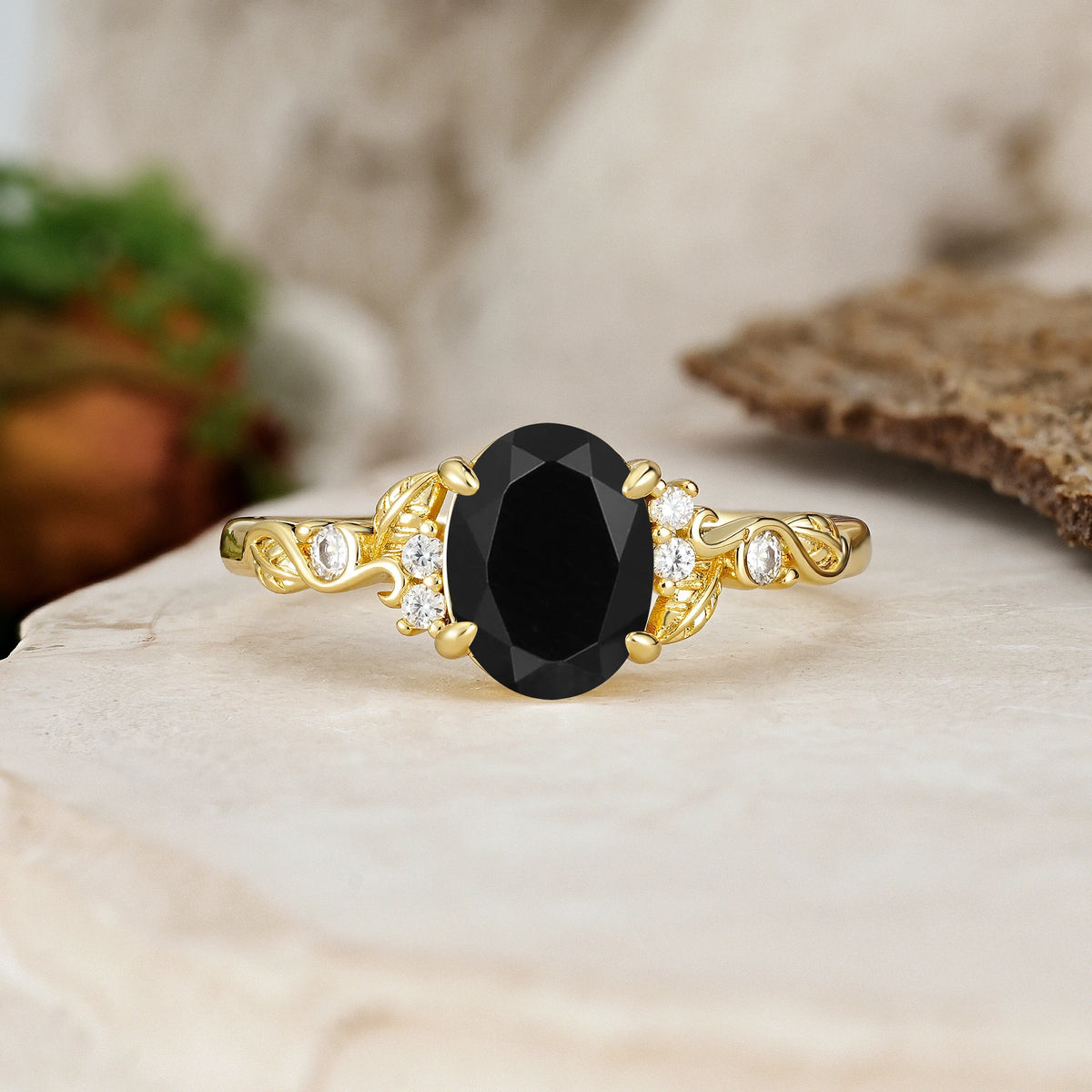 Oval Cut Black Onyx Art Nouveau Scroll Engagement Ring