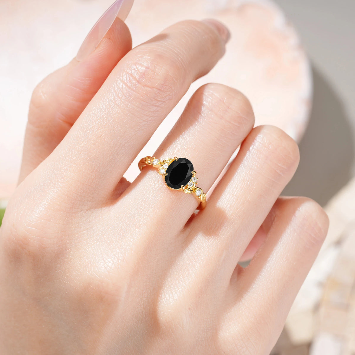 Oval Cut Black Onyx Art Nouveau Scroll Engagement Ring