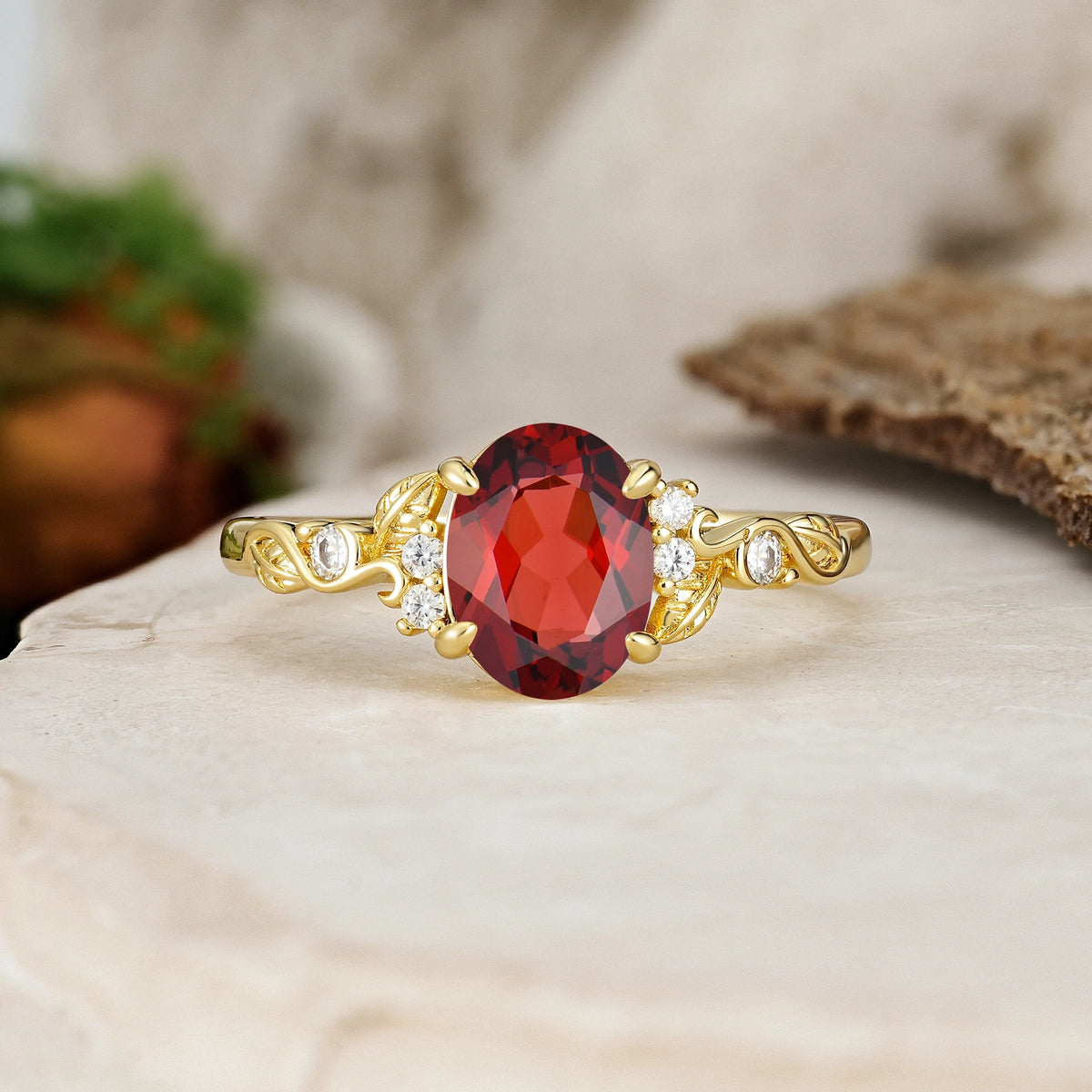 Oval Cut Garnet Art Nouveau Scroll Engagement Ring