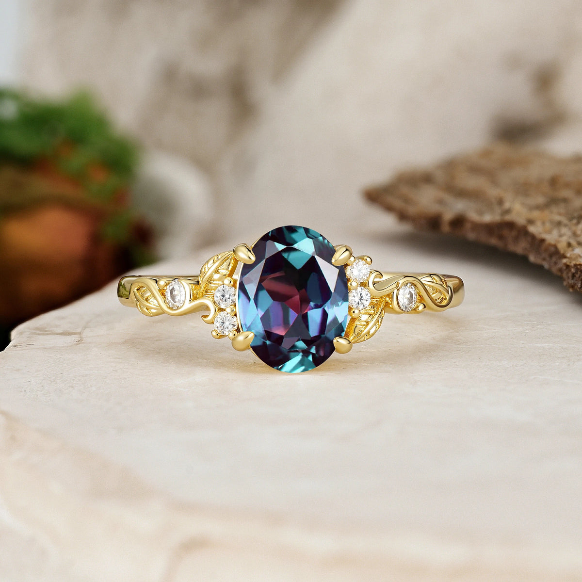 Oval Cut Alexandrite Art Nouveau Scroll Engagement Ring