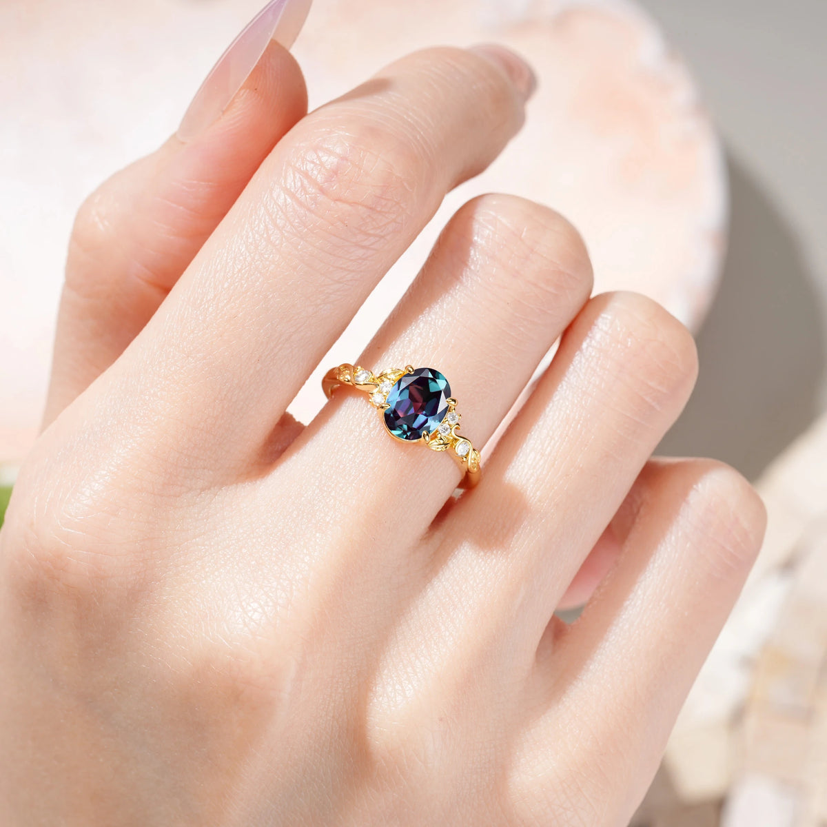 Oval Cut Alexandrite Art Nouveau Scroll Engagement Ring