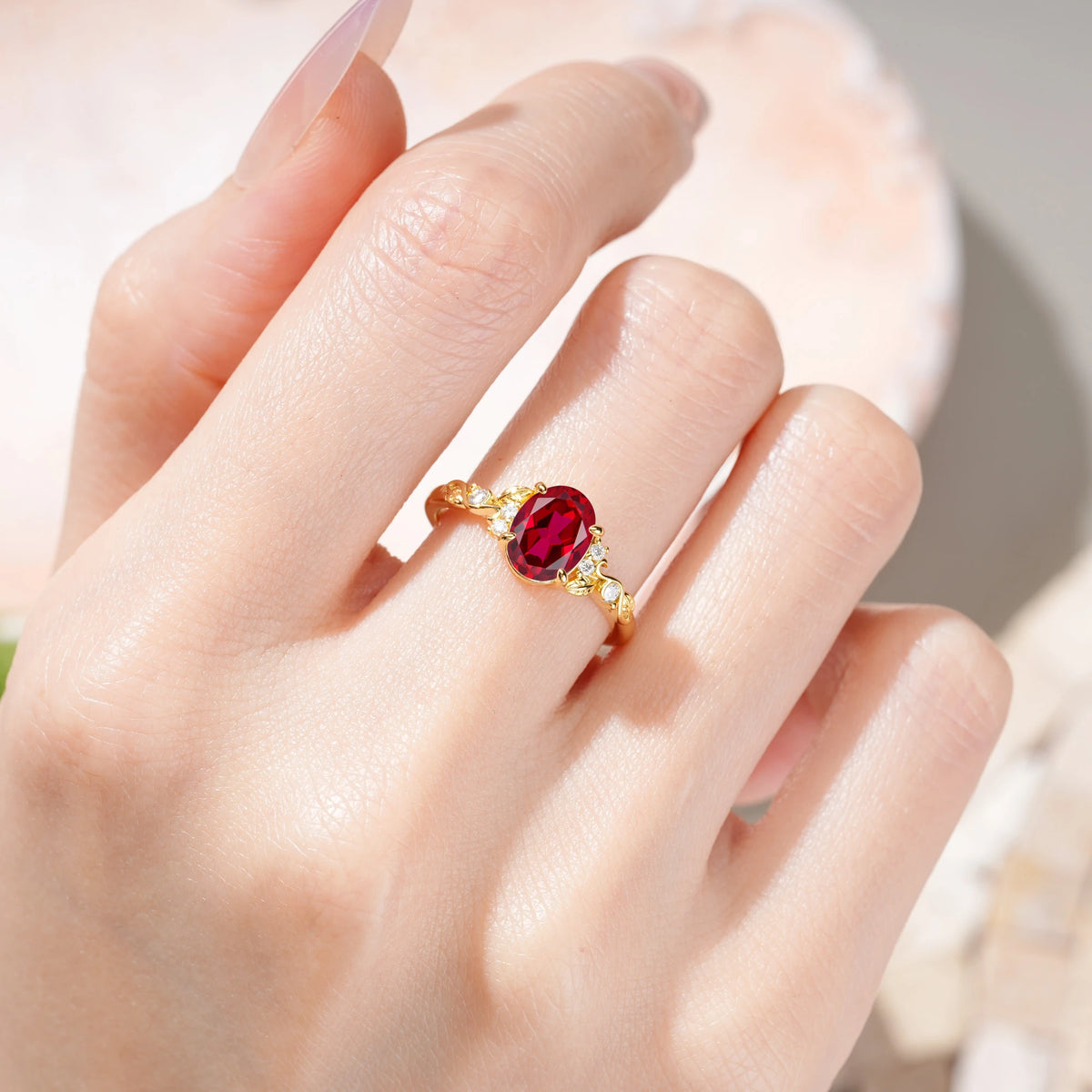 Oval Cut Ruby Art Nouveau Scroll Engagement Ring