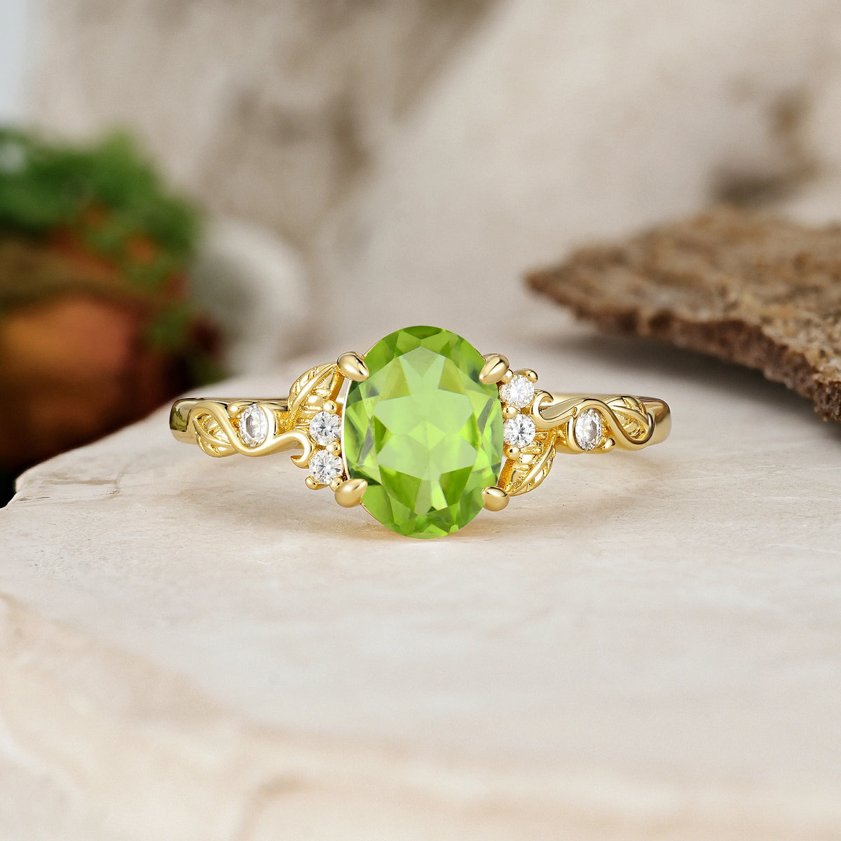 Oval Cut Peridot Art Nouveau Scroll Engagement Ring