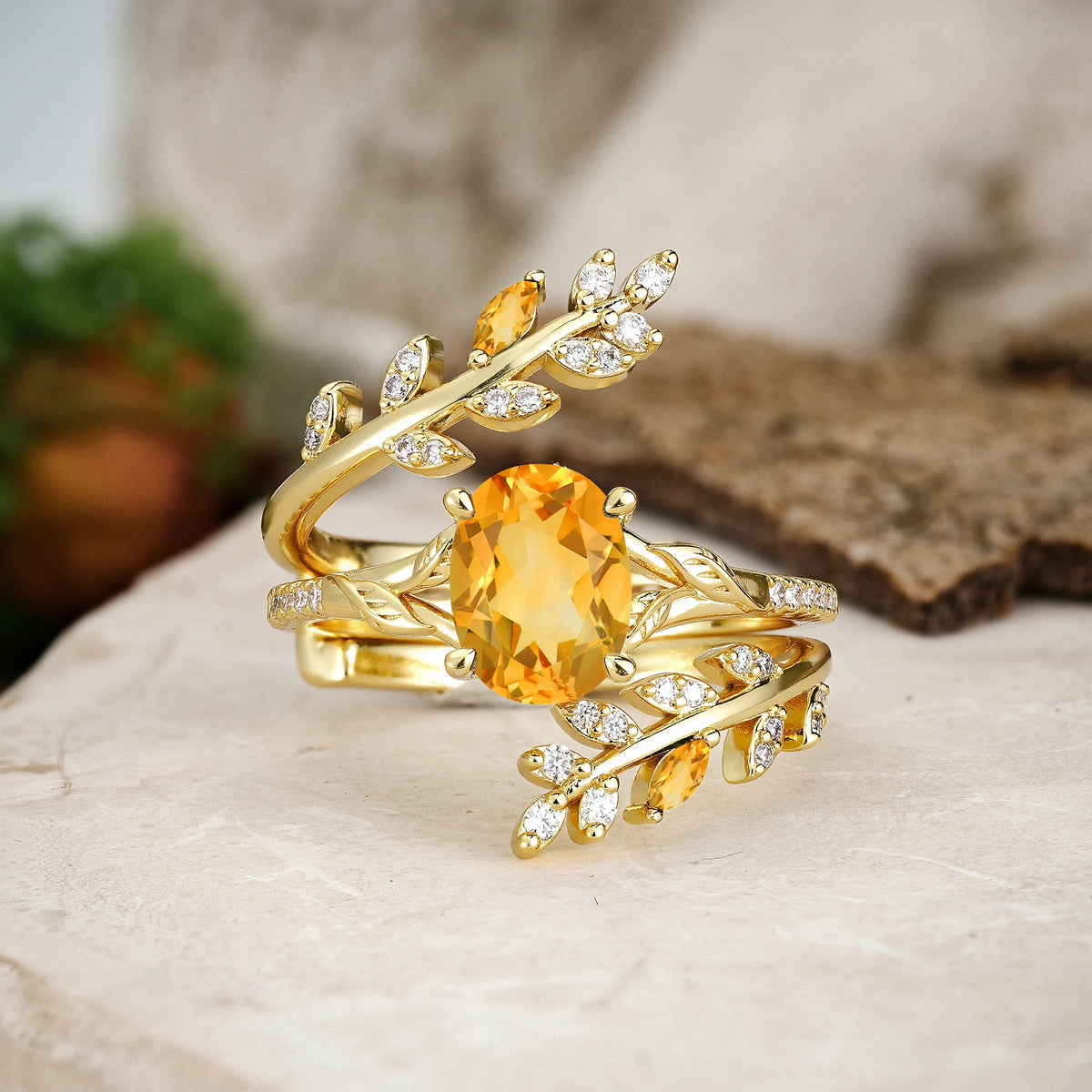 Oval Cut Citrine Botanical Branch Bridal Ring Set