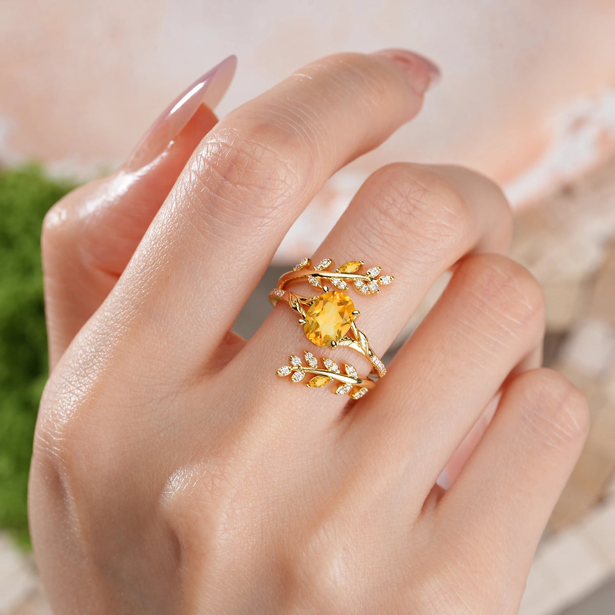 Oval Cut Citrine Botanical Branch Bridal Ring Set