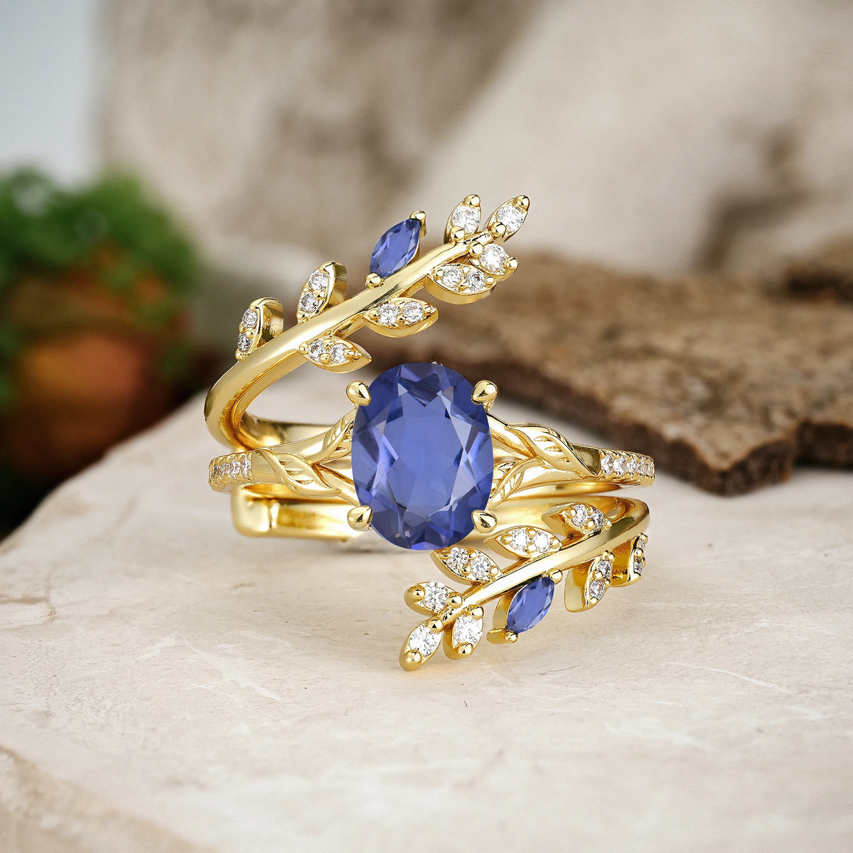 Oval Cut Tanzanite Botanical Branch Bridal Ring Set