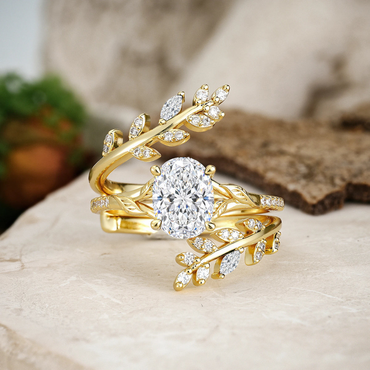 Oval Cut Lab Diamond Botanical Branch Bridal Ring Set