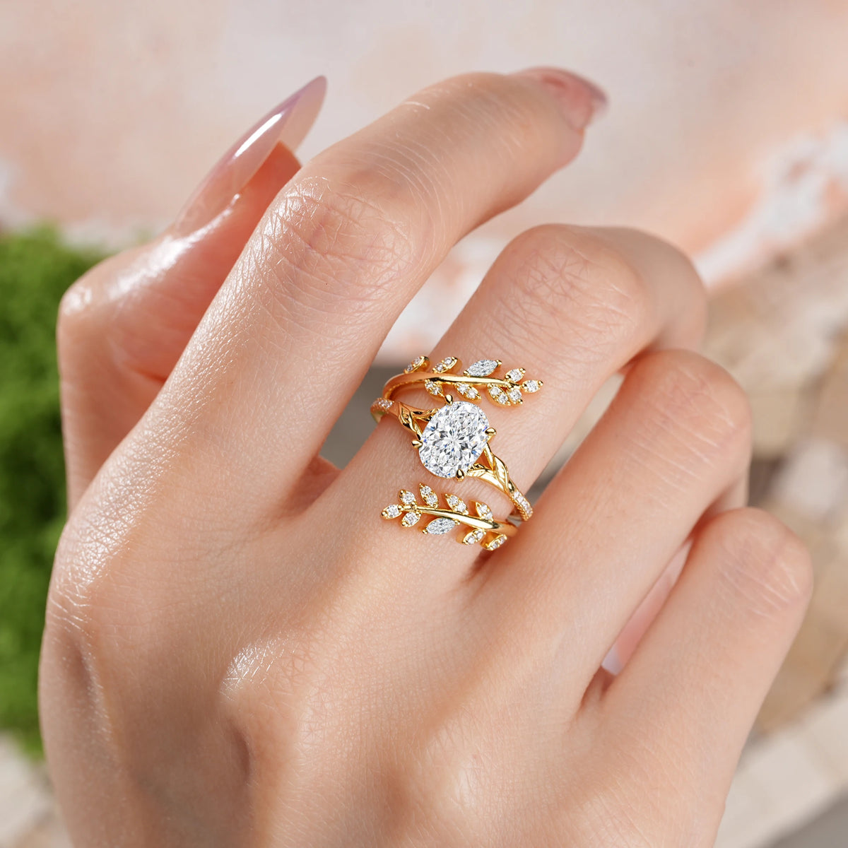 Oval Cut Lab Diamond Botanical Branch Bridal Ring Set