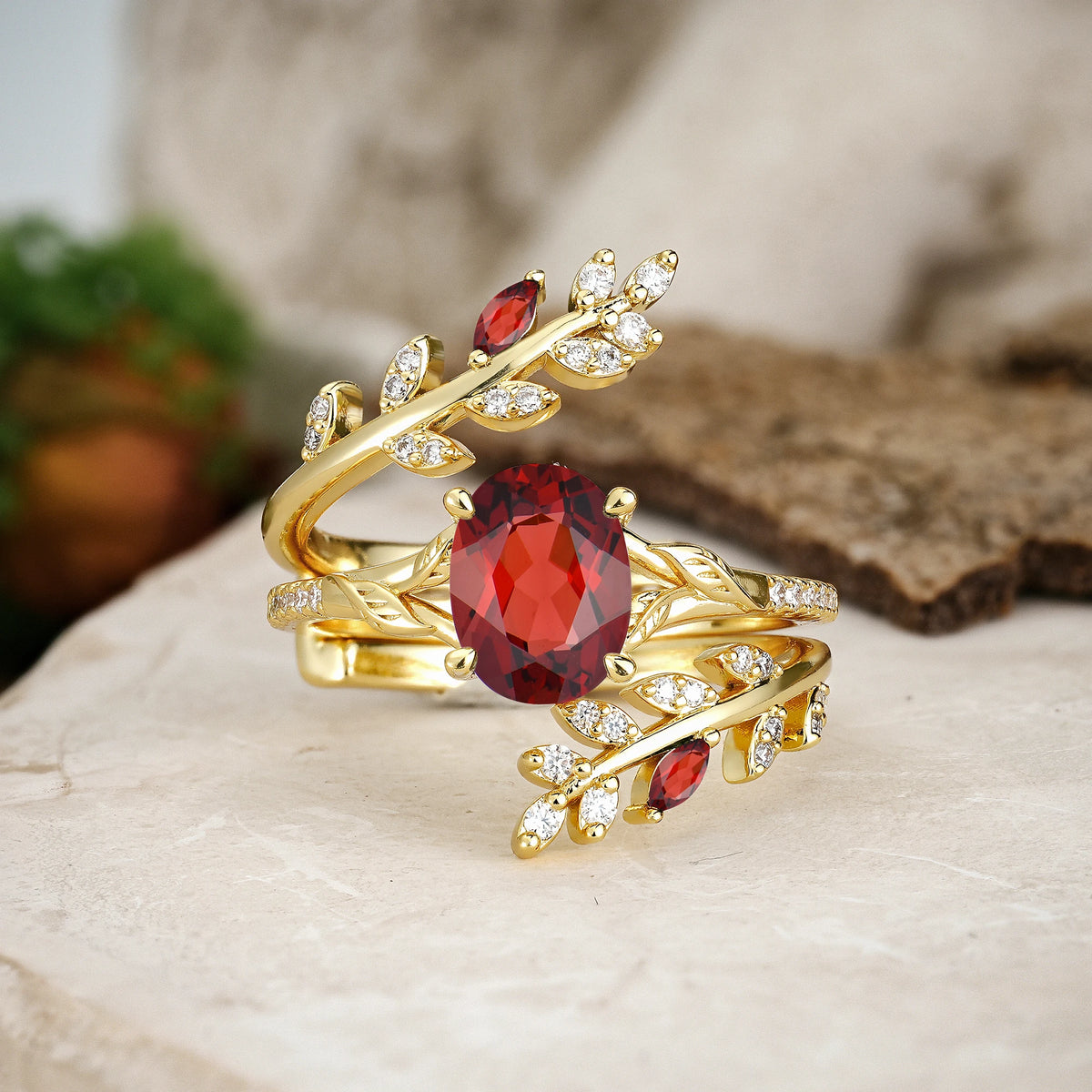 Oval Cut Garnet Botanical Branch Bridal Ring Set