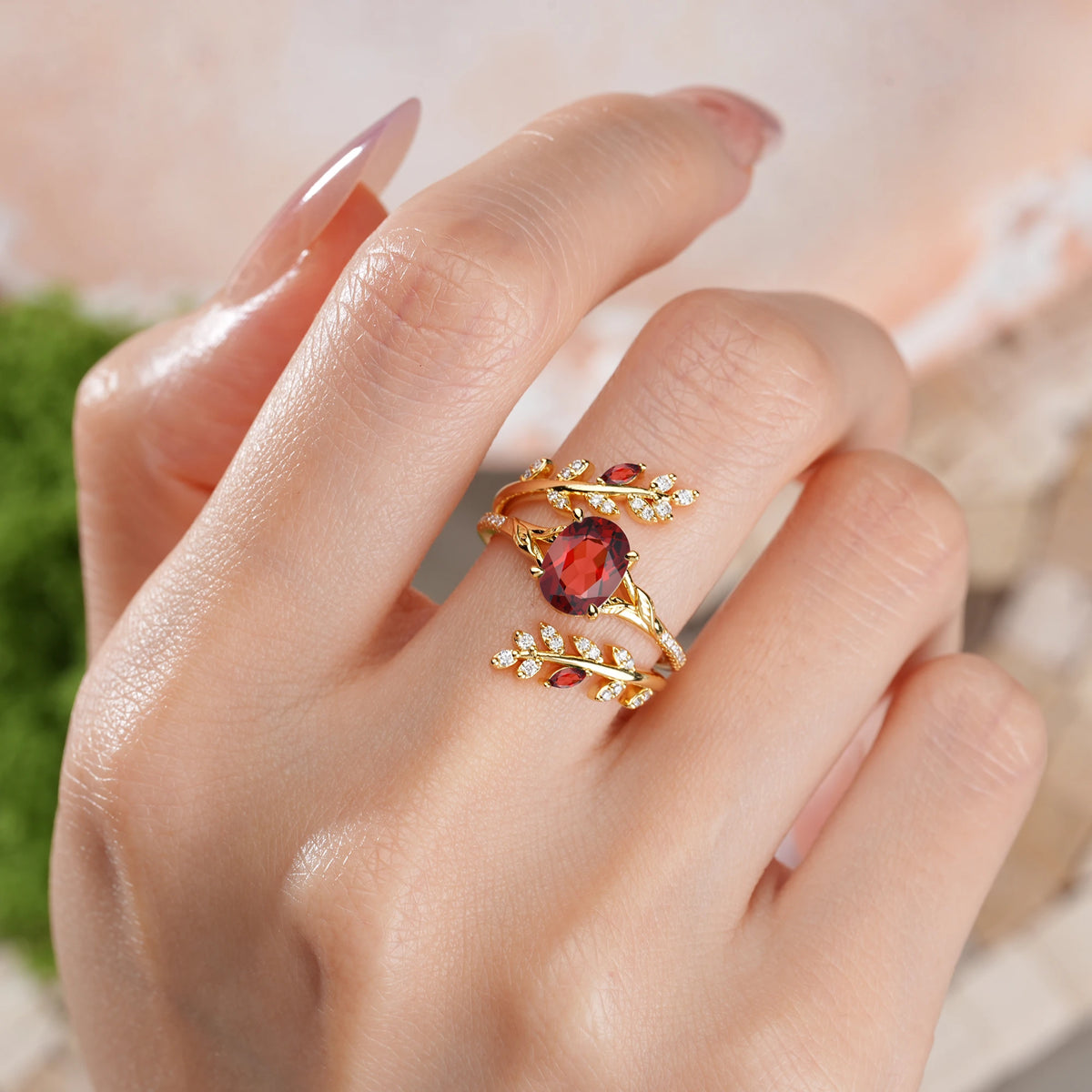 Oval Cut Garnet Botanical Branch Bridal Ring Set