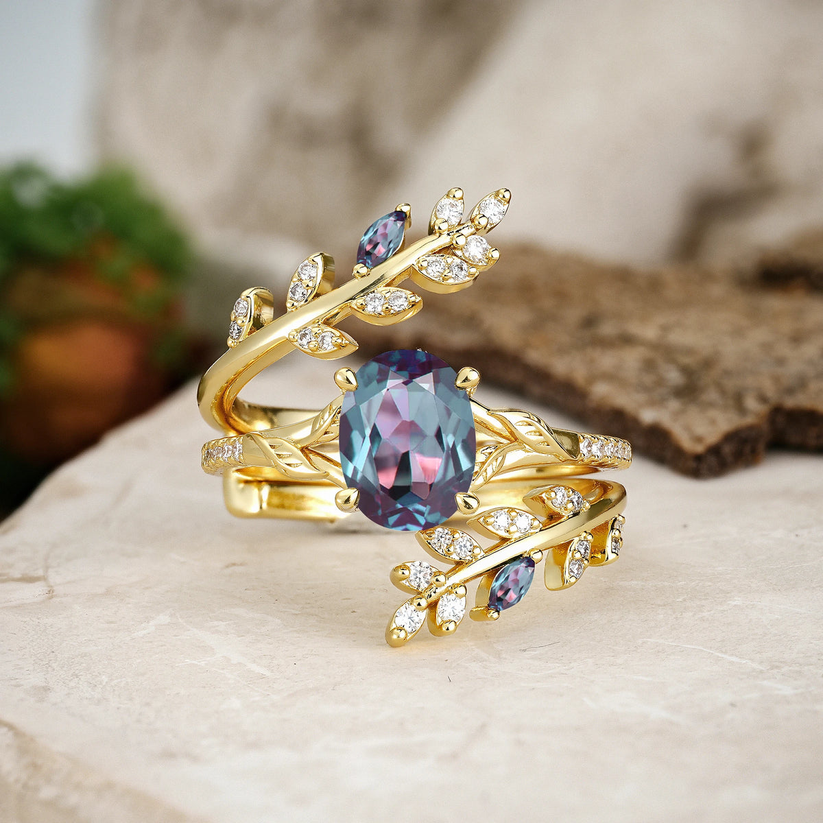 Oval Cut Alexandrite Botanical Branch Bridal Ring Set