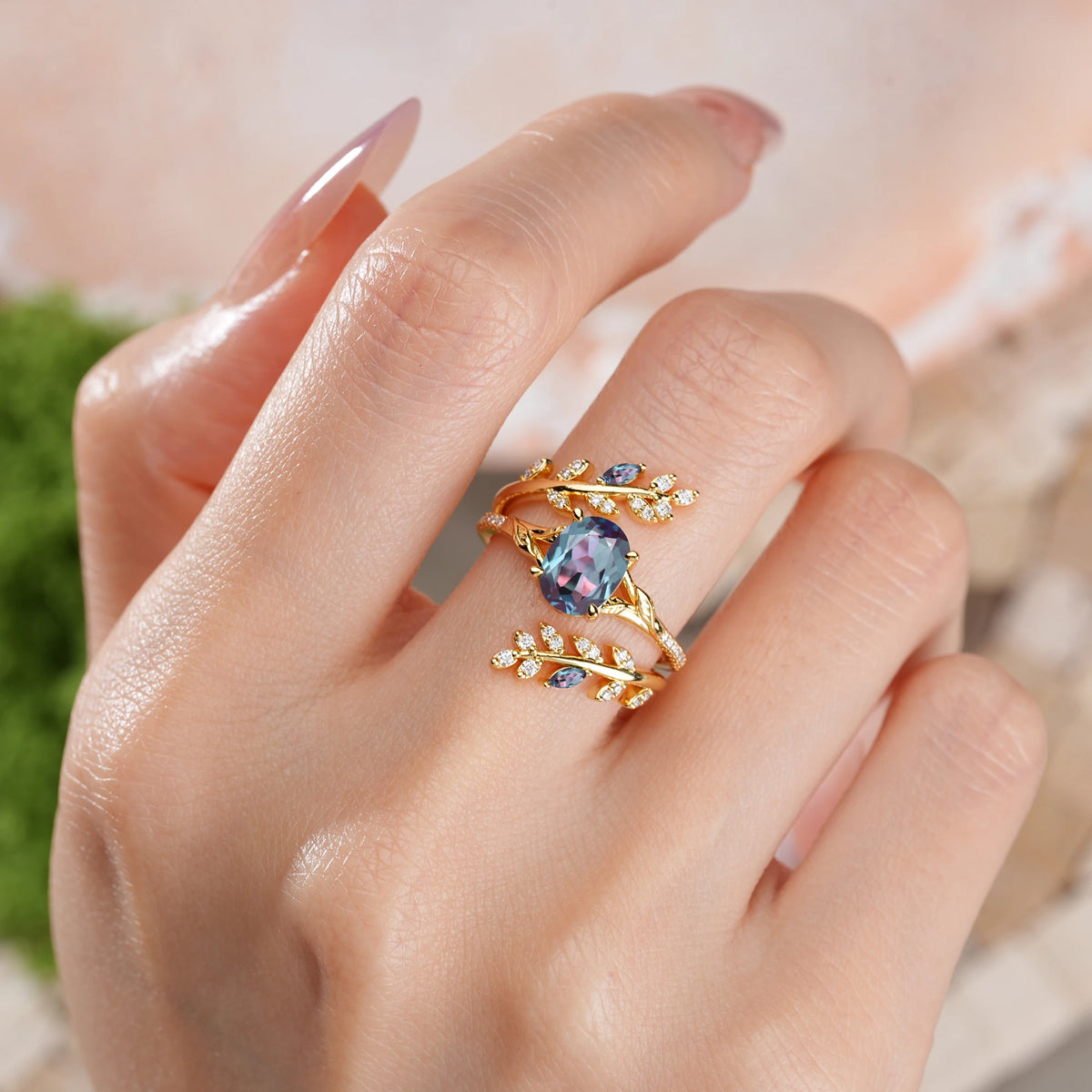 Oval Cut Alexandrite Botanical Branch Bridal Ring Set