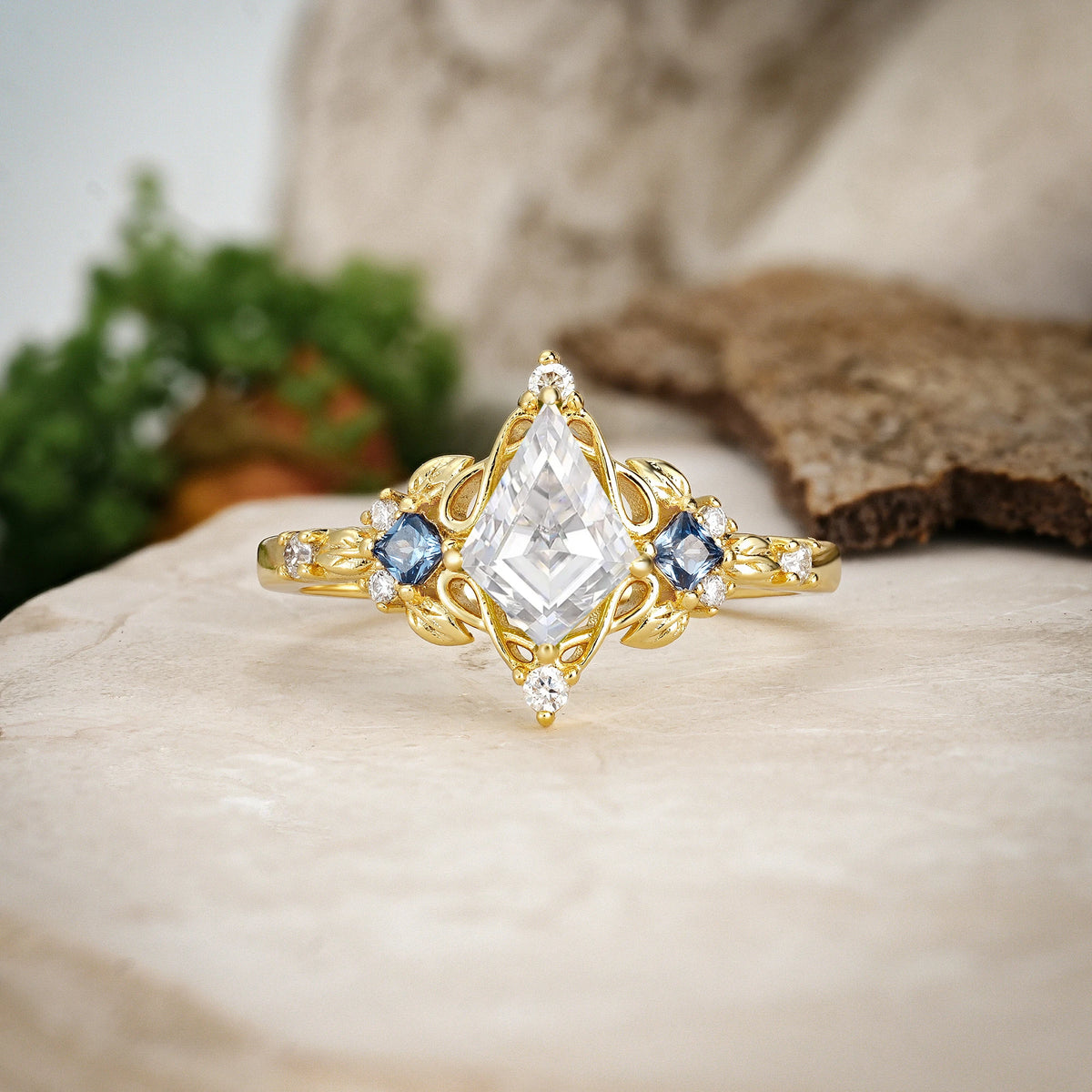 Kite Cut Moissanite Art Nouveau Leaf Engagement Ring with Princess Side Stones