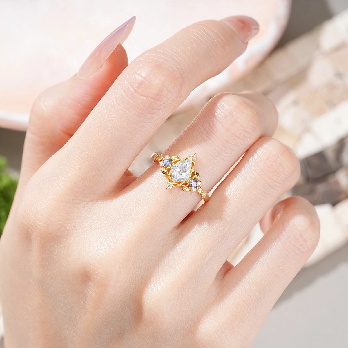 Kite Cut Moissanite Art Nouveau Leaf Engagement Ring with Princess Side Stones
