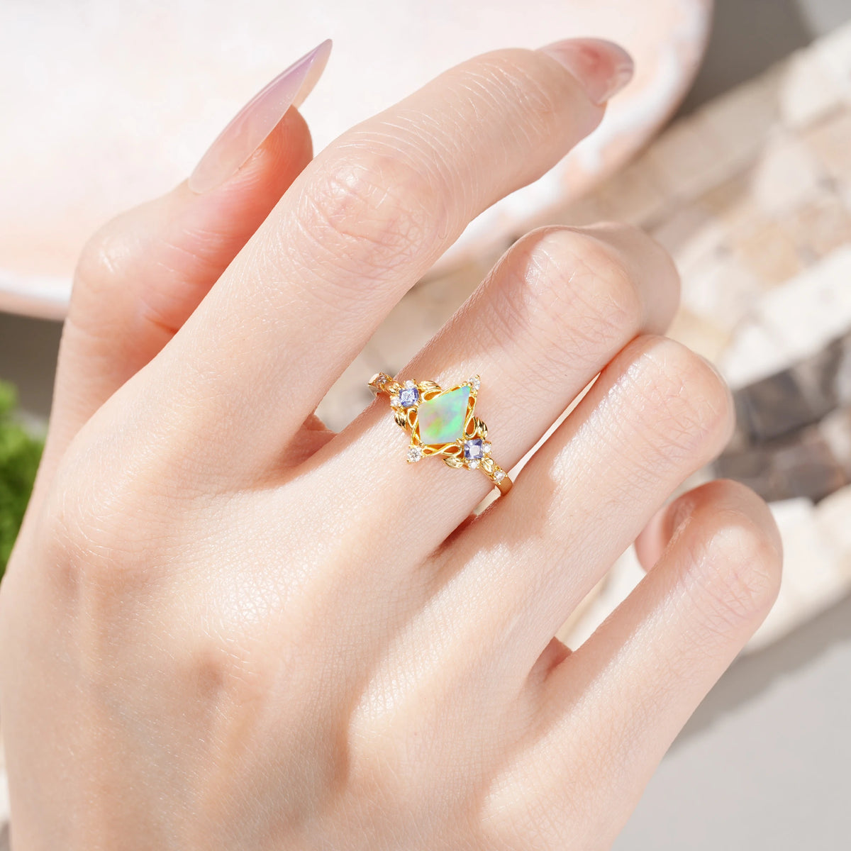 Kite Cut Fire Opal Art Nouveau Leaf Engagement Ring with Princess Side Stones