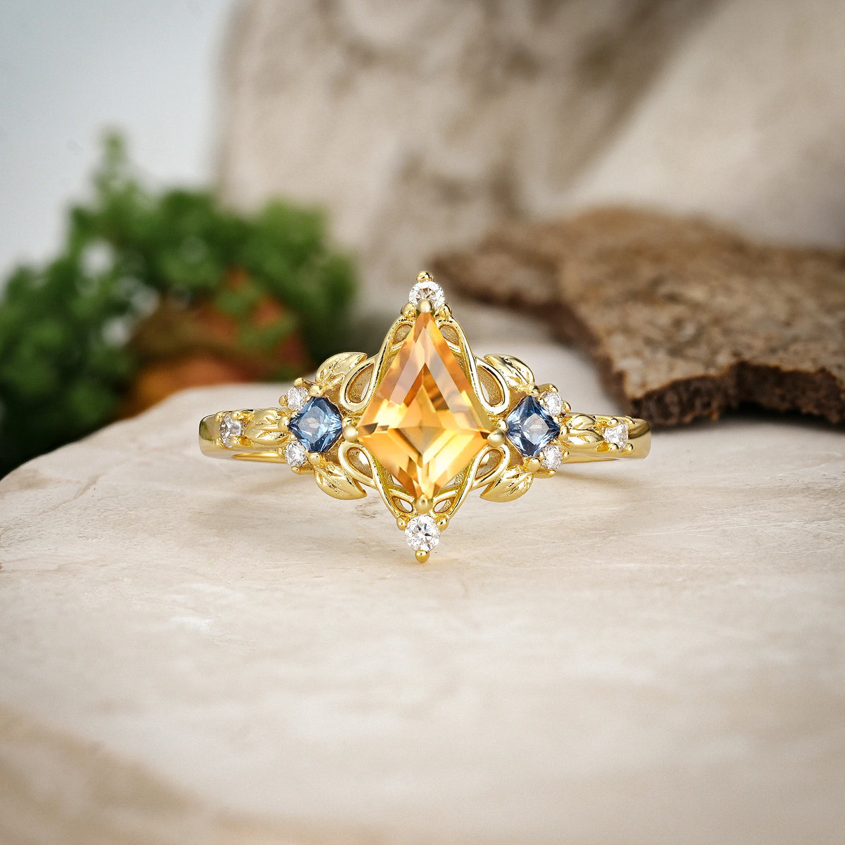 Kite Cut Citrine Art Nouveau Leaf Engagement Ring with Princess Side Stones