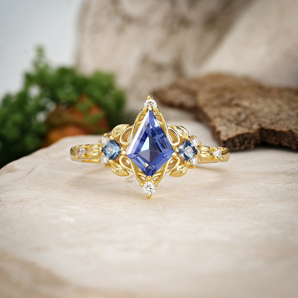 Kite Cut Tanzanite Art Nouveau Leaf Engagement Ring with Princess Side Stones