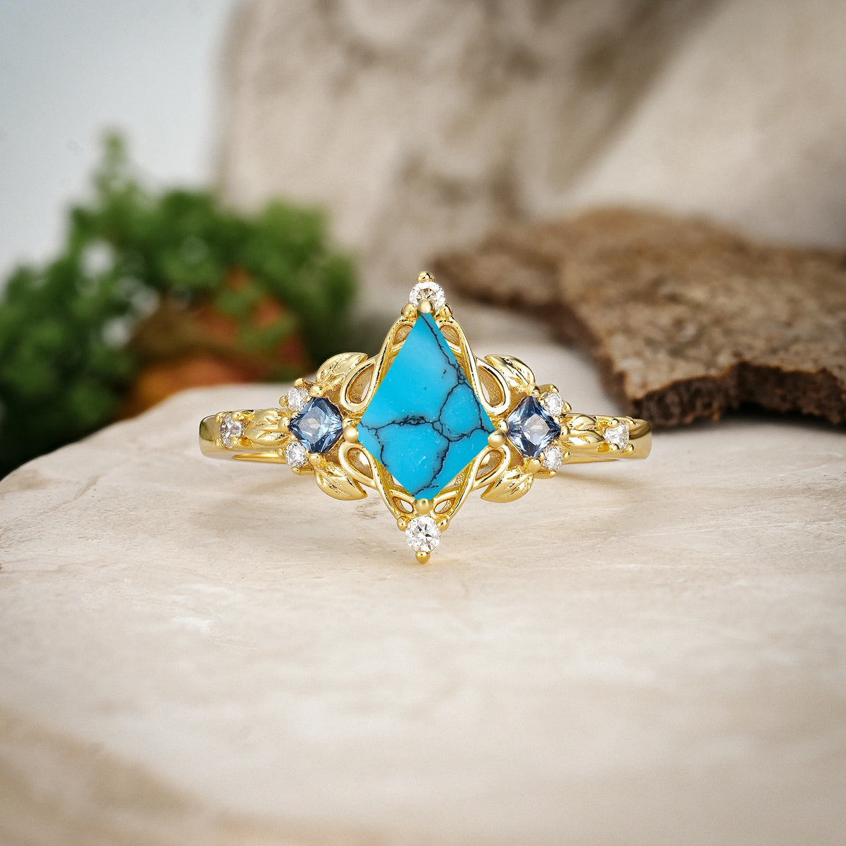 Kite Cut Turquoise Art Nouveau Leaf Engagement Ring with Princess Side Stones