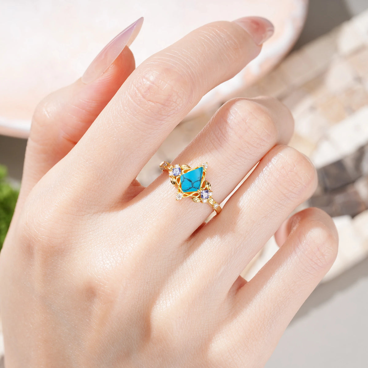 Kite Cut Turquoise Art Nouveau Leaf Engagement Ring with Princess Side Stones