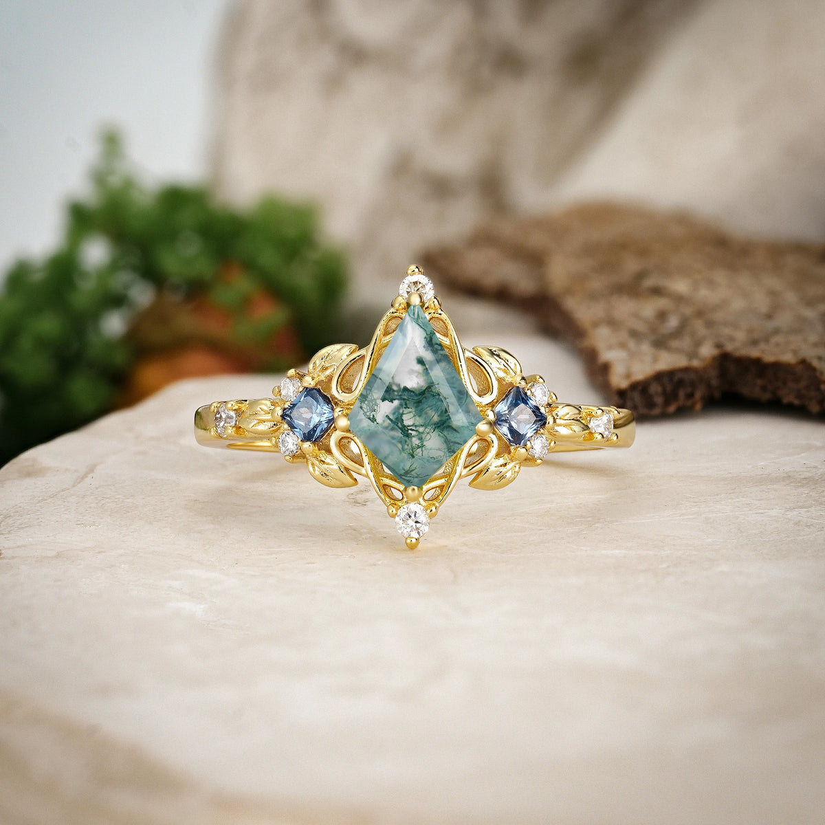 Kite Cut Moss Agate Art Nouveau Leaf Engagement Ring with Princess Side Stones