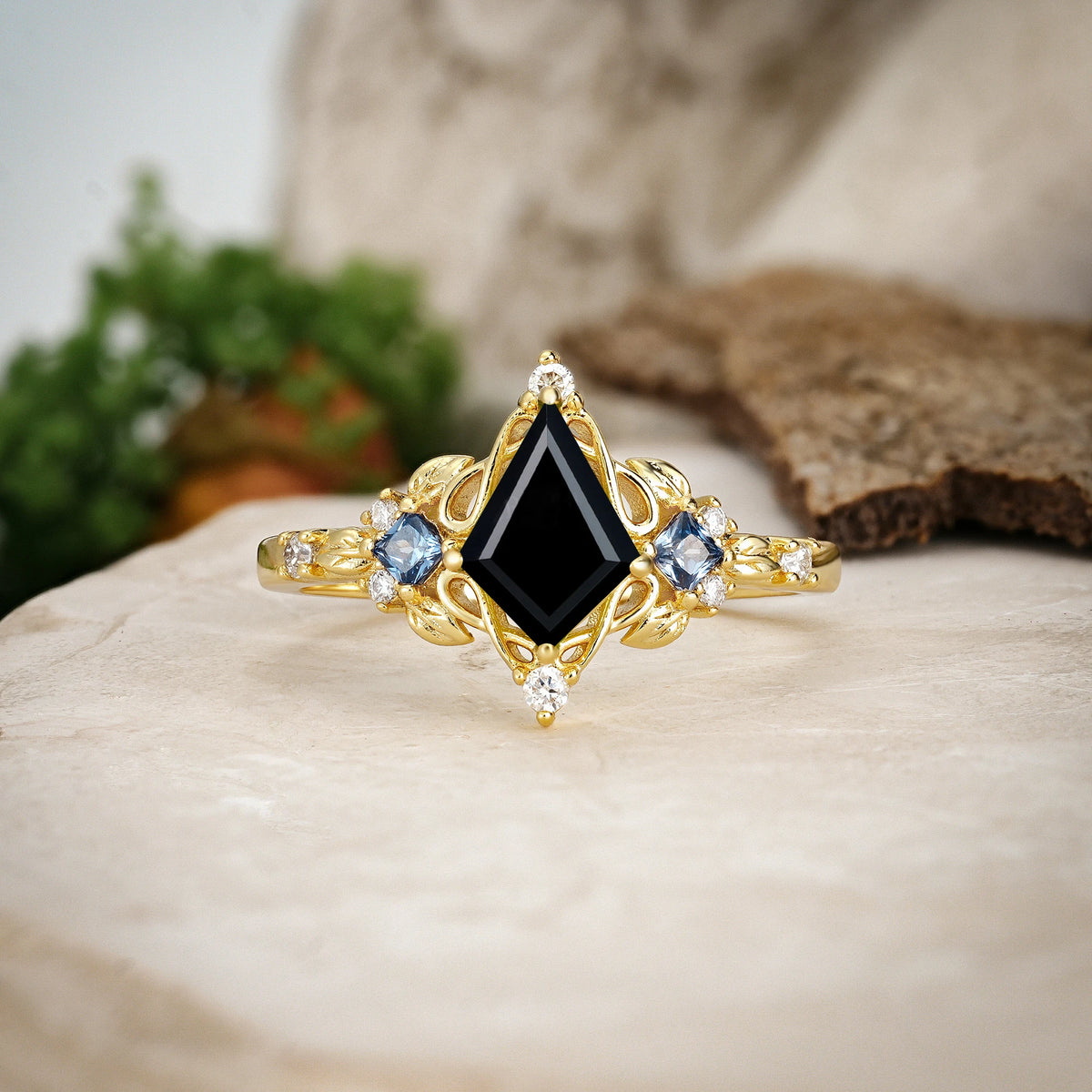 Kite Cut Black Onyx Art Nouveau Leaf Engagement Ring with Princess Side Stones