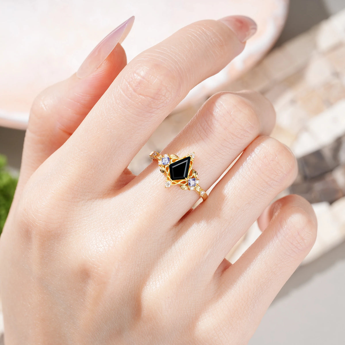 Kite Cut Black Onyx Art Nouveau Leaf Engagement Ring with Princess Side Stones