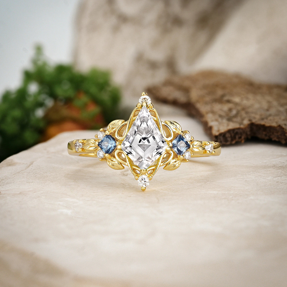 Kite Cut Lab Diamond Art Nouveau Leaf Engagement Ring with Princess Side Stones