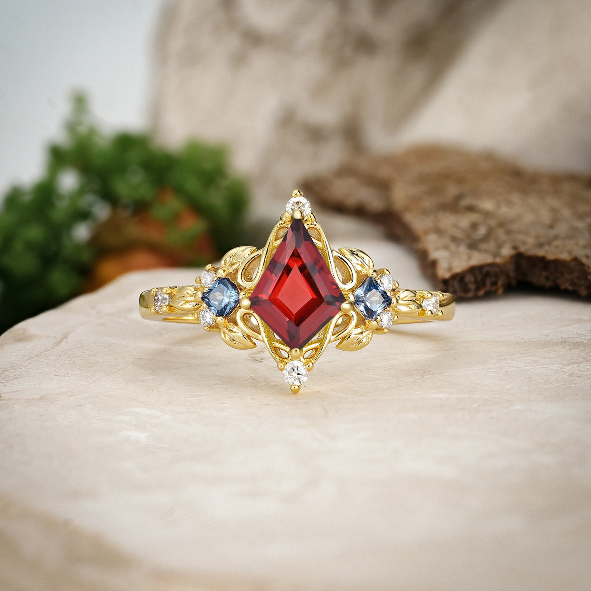 Kite Cut Garnet Art Nouveau Leaf Engagement Ring with Princess Side Stones
