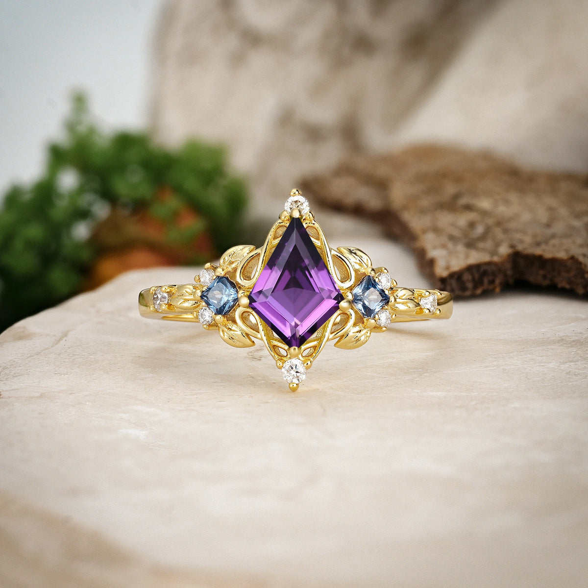 Kite Cut Amethyst Art Nouveau Leaf Engagement Ring with Princess Side Stones