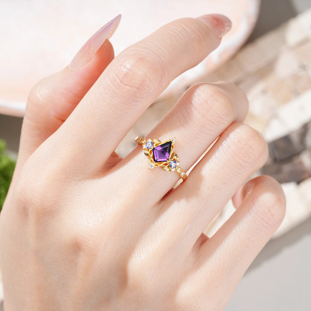 Kite Cut Amethyst Art Nouveau Leaf Engagement Ring with Princess Side Stones