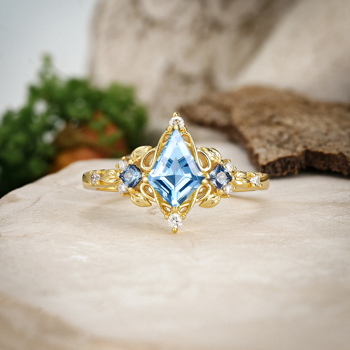 Kite Cut Aquamarine Art Nouveau Leaf Engagement Ring with Princess Side Stones