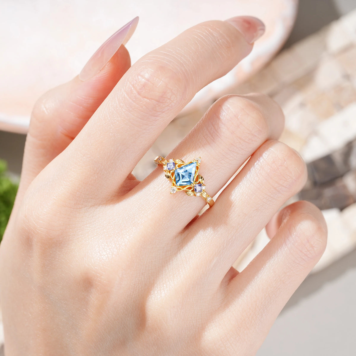 Kite Cut Aquamarine Art Nouveau Leaf Engagement Ring with Princess Side Stones