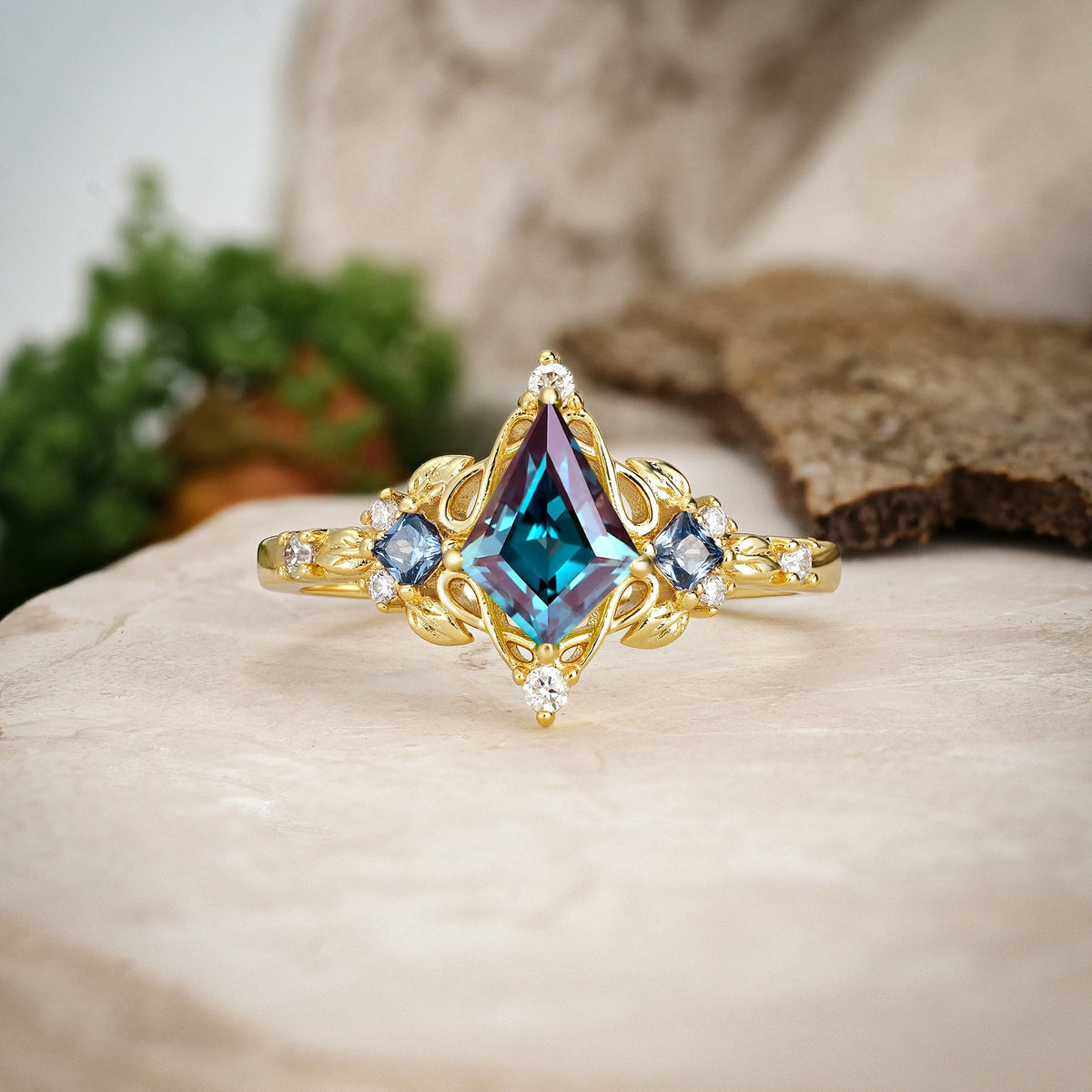 Kite Cut Alexandrite Art Nouveau Leaf Engagement Ring with Princess Side Stones