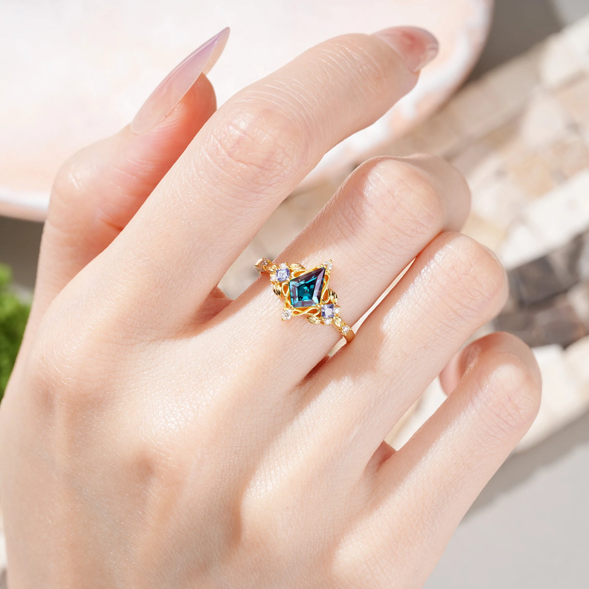 Kite Cut Alexandrite Art Nouveau Leaf Engagement Ring with Princess Side Stones