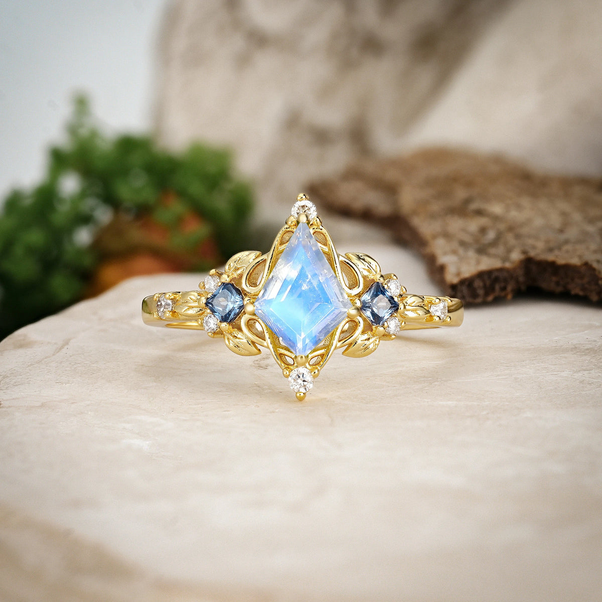 Kite Cut Moonstone Art Nouveau Leaf Engagement Ring with Princess Side Stones