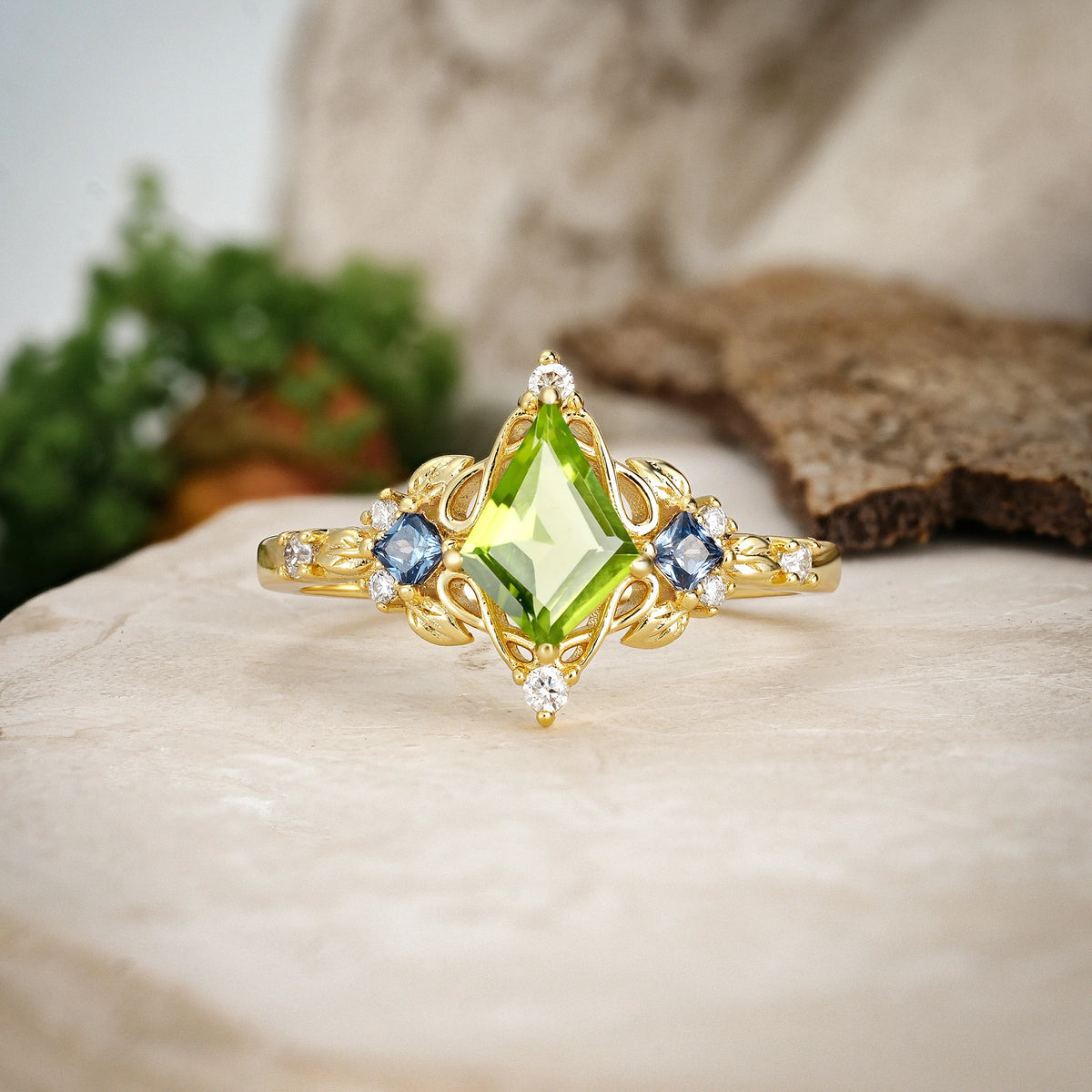Kite Cut Peridot Art Nouveau Leaf Engagement Ring with Princess Side Stones