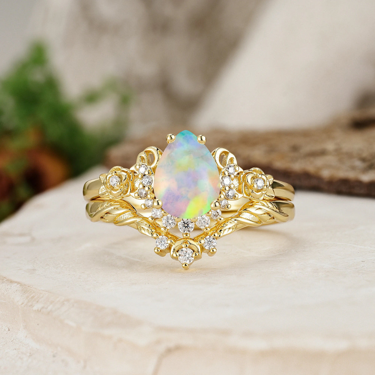 Pear Cut Fire Opal Rose and Leaf Bridal Ring Set